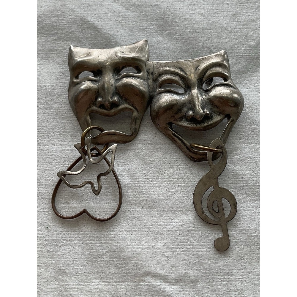 Signed Susan L Richardson Brooch Pin Drama Theatre Mask Dangle Charms Vintage
